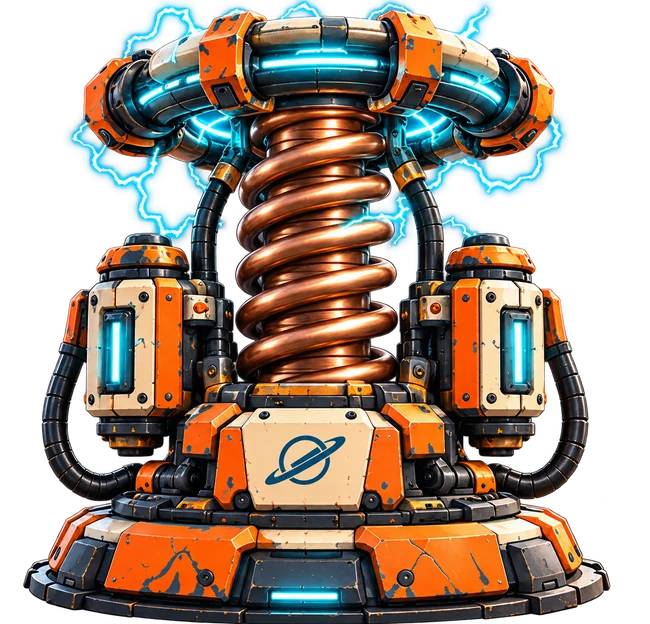 Arc Coil turret with a tall copper coil and teal electricity