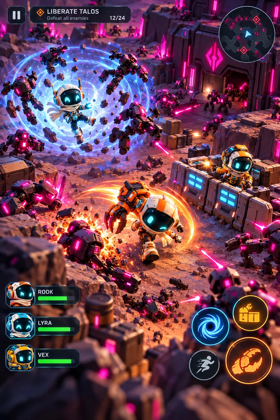 Ground battle concept with hero squads and enemy extraction machinery