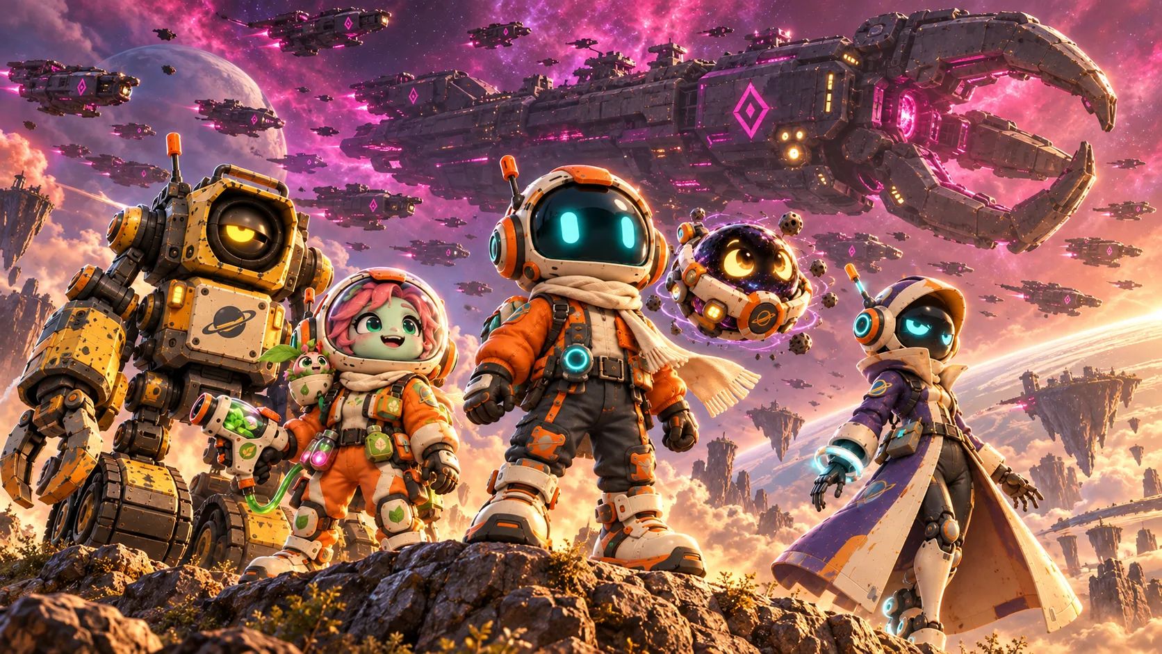 Kai, Rae, Sage, Vex and Nox stand on their home planet beneath the Harvest Fleet’s enormous claw-shaped flagship