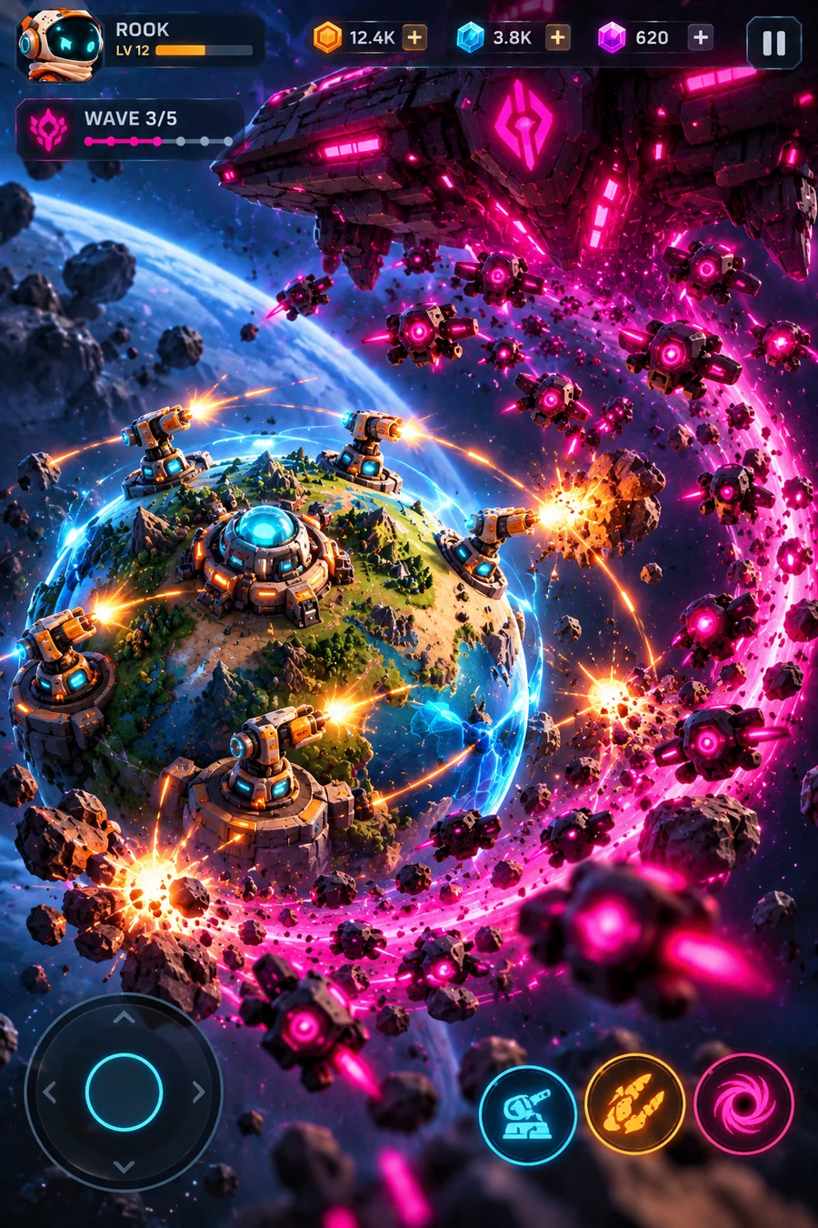 Orbital battle concept with a gravity slingshot around Terra Pop