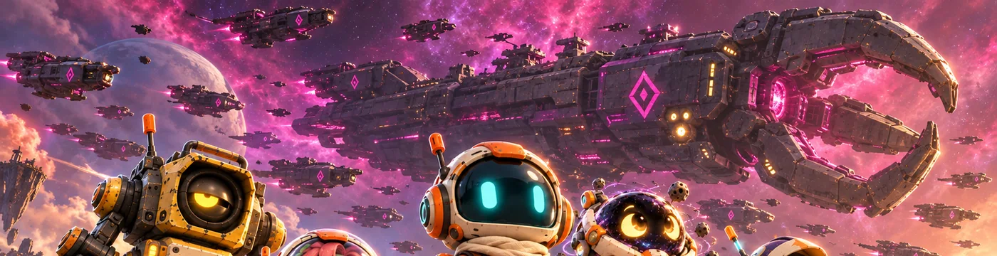 An industrial armada above a magenta-lit world